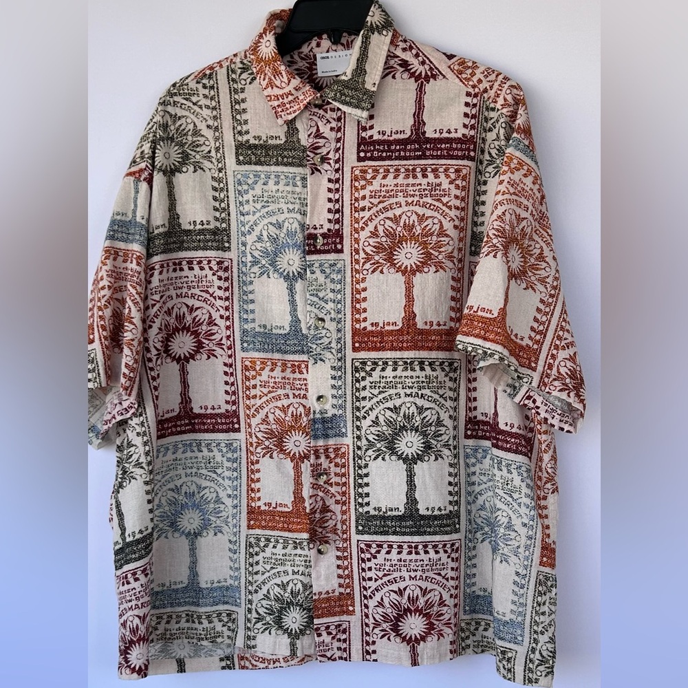 ASOS Men’s Oversized Linen Button Up Shirt‎ Tree Matchbox Design Size Large